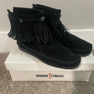 Minnetonka Black Suede Fringe Moccasins